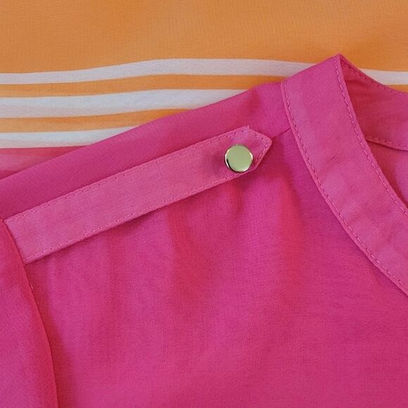 Apt. 9 Pink Striped 1/2 Button Rolled Tab Sleeve Sheer Chiffon Blouse Size MP - Picture 6 of 8